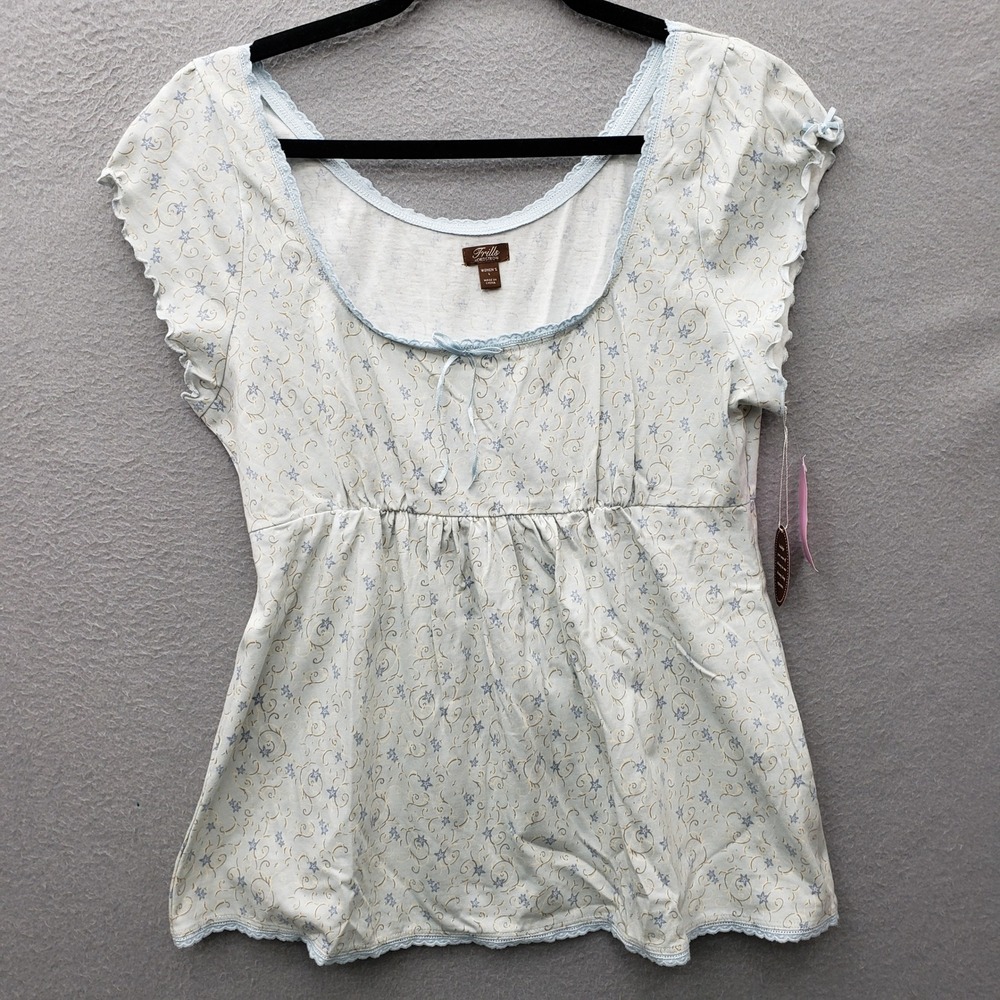 Frills Nordstrom Lace Trim Babydoll Top Cream Blue Microfloral Milkmaid Coquette